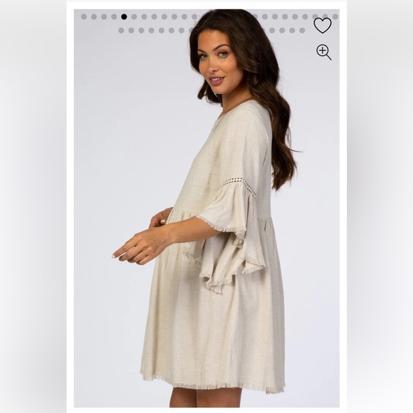 EUC LARGE PINK BLUSH BEIGE RAW EDGE BELL SLEEVE BABYDOLL LINEN MATERNITY DRESS - Picture 5 of 12